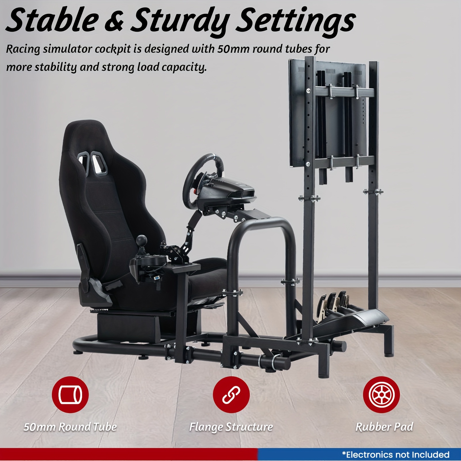 Adjustable Racing Simulator Cockpit with Black Seat and TV Stand